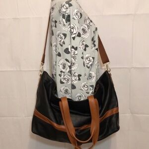 Pottery Barn Ainsley Black Leather Tan Trim XL Travel Overnight Bag Messenger